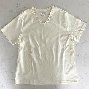 L.L. Bean Casual SS V Neck 100% Cotton Neutral T Shirt Top Cream Sz M NWOT
